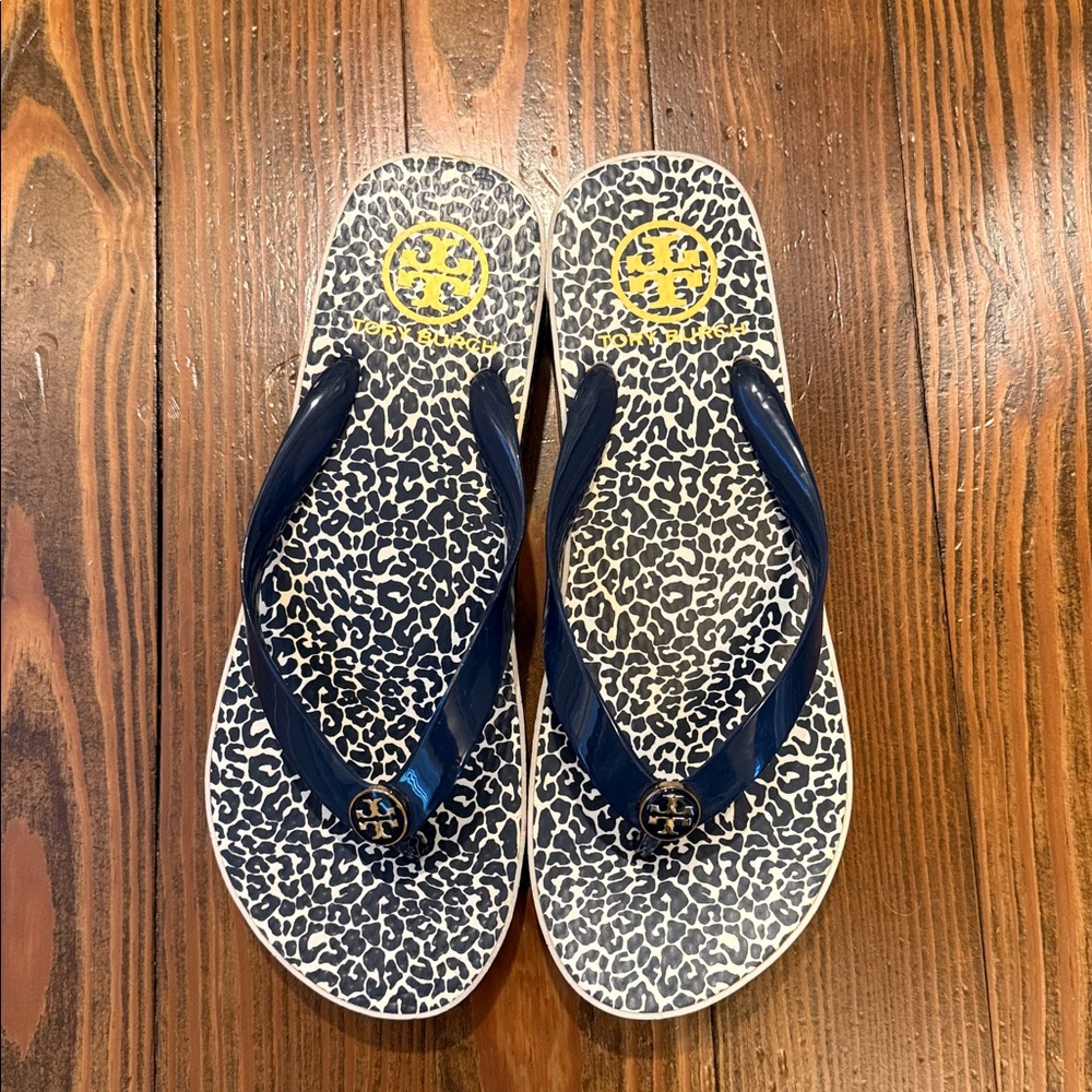 Tory Burch Navy and White Leopard Flip Flops